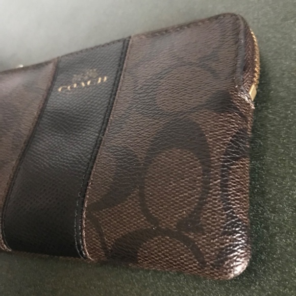 Coach Corner Zip Wristlet in Signature Coated Canvas Leather Stripe Brown/Black - Picture 8 of 16